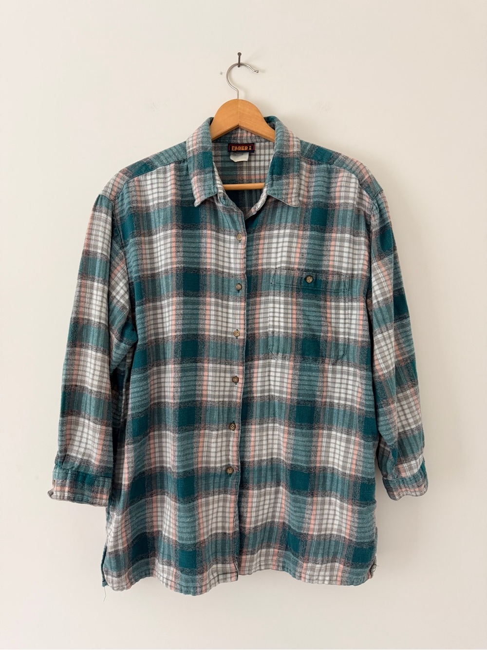 Vintage Faded Glory Teal & White Plaid Flannel Button-Up Shirt